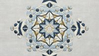Ornate mandala design with intricate geometric patterns in blue and gold tones on textured beige background for meditation and spiritual decor.