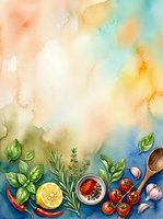 Watercolor cooking ingredients arranged on soft pastel background with fresh herbs, tomatoes, lemon slices, spices and wooden spoon for culinary and recipe design projects.