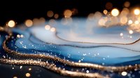 Abstract flowing blue and gold waves with sparkling glitter particles and warm bokeh lights creating luxurious magical atmosphere for elegant designs.