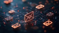 Glowing neon email icons floating over digital circuit background with orange light effects, representing electronic communication and data network technology.