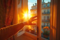 Hand reaching towards bright sunlight through apartment window at sunset, with orange marigolds on windowsill and European buildings in background, creating warm atmosphere.