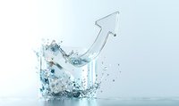 Upward arrow shape emerging from dynamic water splash and droplets on light background, symbolizing growth, success and business progress in finance.