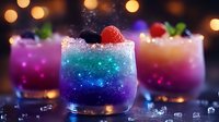 Vibrant layered cocktails with galaxy effect, raspberry garnish and crushed ice against dark background with bokeh lights, showcasing creative mixology.