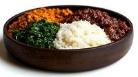 Traditional Ethiopian platter with injera bread, lentils, greens and spiced stews served in wooden bowl on white background for cultural dining concepts.