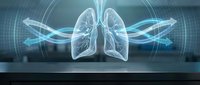 Holographic lungs with flowing blue energy waves and directional arrows on dark background, representing respiratory system, medical technology, healthcare innovation, and pulmonary function for medical education and digital health applications.