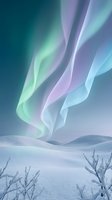Aurora borealis dancing over snowy arctic landscape with frozen branches creating magical winter scene for nature and travel designs.