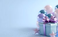 Elegant gift box with purple bow and pink stars on soft blue background, festive holiday celebration setup with bokeh lights and copy space.