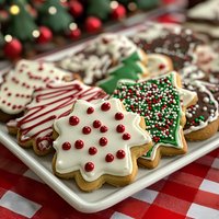 Festive Christmas sugar cookies decorated with royal icing, sprinkles and candies on white plate. Traditional holiday tree and snowflake shapes on red checkered tablecloth.