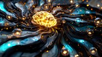 Glowing neural network brain on abstract dark background with luminous connections and flowing energy patterns in blue and gold colors.