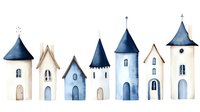 Watercolor fairy tale castle towers and houses in blue tones isolated on white background for children book illustration and nursery decor.
