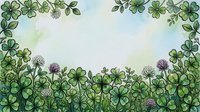 Watercolor clover border with green shamrocks and pink flowers on soft background, forming a natural frame with copy space for text.