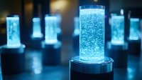 Glowing blue cylindrical tubes with bubbling liquid create futuristic sci-fi atmosphere in dark room. Modern art installation with illuminated columns produces ethereal effect.