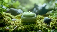 Green cosmetic cream jar on natural moss background with stones, showcasing organic skincare product in ethereal forest setting with soft bokeh lighting effect.