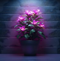 Glowing pink flowers in dark pot against brick wall background with mystical purple lighting creates dramatic botanical atmosphere for home decor and art projects.