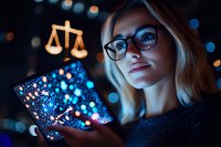 Young female lawyer in glasses holding digital tablet with glowing scales of justice symbol, illuminated by blue bokeh lights in dark office setting.