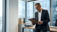 Mature Caucasian businessman in glasses reading documents in modern office with city view windows. Professional executive reviewing paperwork at workplace.