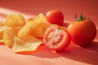 Fresh ripe tomatoes and crispy potato chips on coral pink background with dramatic lighting and shadows, modern food photography composition.