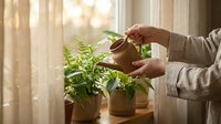 Woman caring for houseplant by window with natural sunlight, trimming green foliage for indoor gardening and plant maintenance at home.
