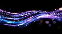 Abstract flowing waves with glowing particles and bokeh lights in purple and blue colors on black background for digital design and technology concepts.