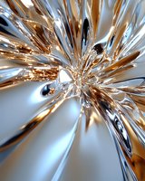 Abstract metallic explosion in silver and gold tones creating dynamic radial pattern with reflective surfaces and sharp crystalline formations. Suitable for luxury backgrounds.