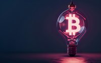 Glowing bitcoin symbol inside light bulb on dark background with red neon illumination, cryptocurrency concept for financial technology and digital money.