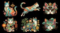 Ornate cats set with Asian folk art patterns, isolated on transparent background. Six decorative feline clipart for stickers, sublimation, t-shirt design, and print on demand.