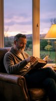 Mature Caucasian man with gray beard reading book in cozy armchair by window during golden hour sunset. Warm indoor lighting creates peaceful atmosphere.