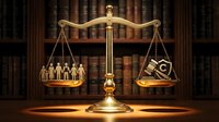 Golden scales of justice balancing human figures against gavel in law library setting representing legal equality and judicial fairness in courtroom.