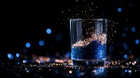 Glowing blue liquid in glass with magical sparkles and bokeh effect on dark background creates mystical atmosphere for beverage and fantasy designs.
