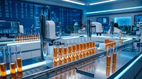 Modern pharmaceutical laboratory with automated equipment processing orange liquid samples in test tubes for drug development and quality control.