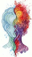 Abstract human head silhouette with colorful swirls and patterns representing creativity, imagination and mental processes on light background.