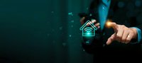 Businessman touching smart home automation icon on digital interface with network connections for modern technology and IoT control systems.