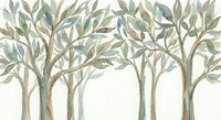 Watercolor forest of slender trees with delicate green and blue leaves on white background, nature art for home decor and botanical design projects.