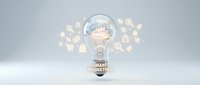 Smart marketing lightbulb with digital icons and brain concept for innovative business strategy and creative advertising solutions on clean background.