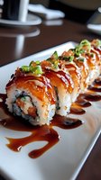Grilled salmon sushi roll with eel sauce and green onions served on white plate in modern restaurant setting for culinary and dining concepts.