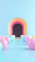 Colorful rainbow arch doorway with pastel spheres lining the path on light blue background, creating a dreamy abstract environment for modern design projects.