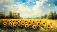 Vibrant sunflower field under dramatic sky with golden blooms stretching toward horizon, surrounded by distant trees and mountains in summer landscape.