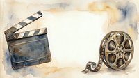Vintage film clapper board and movie reel with watercolor splashes frame blank space for text, cinema production design element.