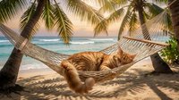Young woman relaxing in hammock between palm trees on tropical beach at sunset with turquoise ocean waves and golden sand creating perfect vacation paradise scene.