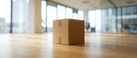 Cardboard box on wooden floor in modern office space with large windows and blurred cityscape background, suitable for logistics, shipping, moving, and business concepts.