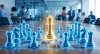 Strategic business leadership concept with glowing golden king chess piece surrounded by blue team pieces in modern corporate office environment.