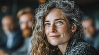 Confident mature woman with curly gray hair smiling warmly in professional business meeting environment with colleagues in background.