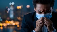 Young Asian businessman wearing protective face mask feeling sick with headache against night city background with bokeh lights and skyscrapers.