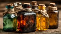 Vintage apothecary bottles with cork stoppers containing colorful liquids and herbs on rustic wooden surface for natural medicine and aromatherapy designs.