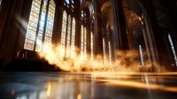 Sunlight streams through gothic cathedral stained glass windows, creating mystical golden rays reflecting on wet floor amid rising mist in ancient church interior.