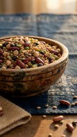 Mixed legumes and beans in rustic wooden bowl on blue linen cloth for healthy cooking and nutrition concepts.