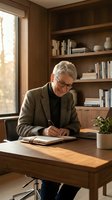 Senior man with gray hair and glasses writing in notebook at wooden desk in home office with bookshelves and window light for professional work and education concepts.