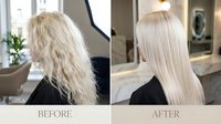 Professional hair transformation showing damaged blonde hair restored to smooth sleek platinum blonde in modern salon setting for beauty treatments.