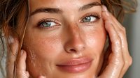Young Caucasian woman with freckles touching face with wet hands, natural skincare routine, fresh clean skin, beauty wellness spa treatment concept.
