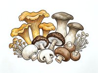 Assorted edible mushrooms including chanterelles, button mushrooms, and shiitake varieties arranged together. Suitable for culinary, food, and cooking design projects.